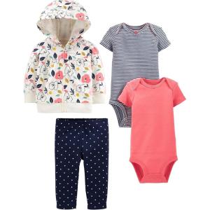 imageSimple Joys by Carters Baby Girls 4Piece Jacket Pant and Bodysuit SetCoral PinkEcru FloralNavy DotsStripe