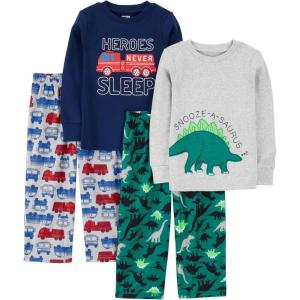 imageSimple Joys by Carters Boys and Toddlers 4Piece Pajama Set Cotton Top ampamp Fleece BottomGreyGreen DinosaurFiretruckHeroes