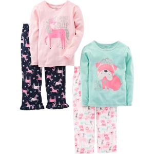imageSimple Joys by Carters Girls 4Piece Pajama Set Cotton Top ampamp Fleece BottomMint Green PuppyNavyPink UnicornWhite Dogs