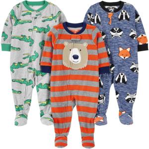 imageSimple Joys by Carters Toddlers and Baby Boys LooseFit Flame Resistant Fleece Footed Pajamas Pack of 3Blue FoxGrey CrocodileOrange Bear