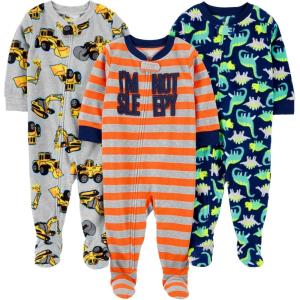 imageSimple Joys by Carters Toddlers and Baby Boys LooseFit Flame Resistant Fleece Footed Pajamas Pack of 3Grey ConstructionNavy DinosaurOrange Stripe