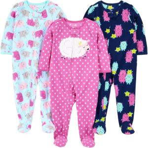 imageSimple Joys by Carters Toddlers and Baby Girls LooseFit Flame Resistant Fleece Footed Pajamas Pack of 3Blue ElephantNavy MonsterPink Dots