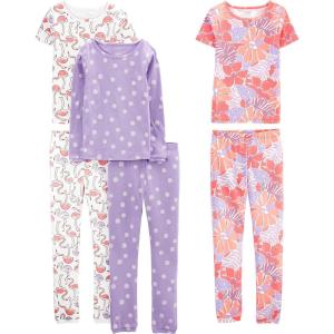 imageSimple Joys by Carters Babies Toddlers and Girls 6Piece SnugFit Cotton Pajama Set Pack of 3Lilac DotsWhite FlamingoFloral
