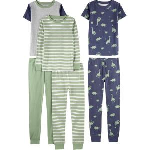 imageSimple Joys by Carters Boys 6Piece Snug Fit Cotton Pajama SetGreen StripeGrey HeatherIndigo Wash Dinosaur