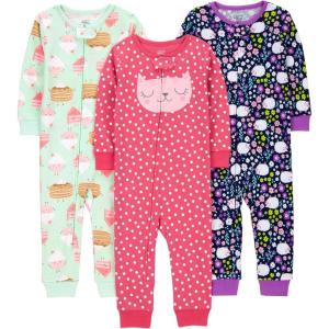 imageSimple Joys by Carters Girls 3Pack Snug Fit Footless Cotton PajamasSweetsFloralKitty