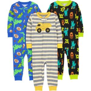 imageSimple Joys by Carters Kids 3Pack Snug Fit Footless Cotton PajamasBlack MonsterBlue DinosaurGrey Stripe