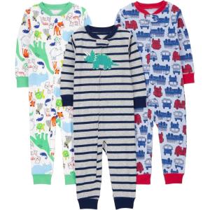 imageSimple Joys by Carters Kids 3Pack Snug Fit Footless Cotton PajamasBlue FiretruckGrey StripeWhite Dinosaur
