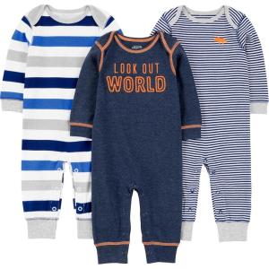 imageSimple Joys by Carters babyboys 3pack JumpsuitsGrey Heather Rugby StripeNavy Text PrintWhite Stripe