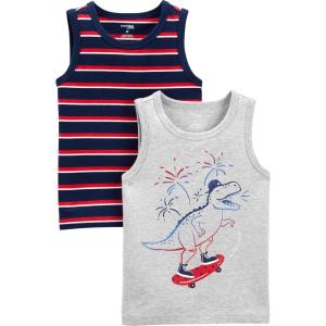 imageSimple Joys by Carters babyboys 2pack Muscle Tank TopsGrey DinosaurNavy Stripe