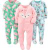 imageSimple Joys by Carters girls LooseFit Flame Resistant Fleece Footed PajamasBlue PenguinGreen PigPink Fox