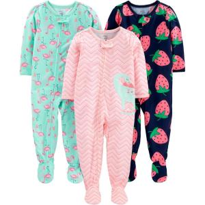 imageSimple Joys by Carters Baby and Toddler Girls 3 Pack Loose Fit Polyester Jersey Footed PajamasDinosaurFlamingoStrawberry Print