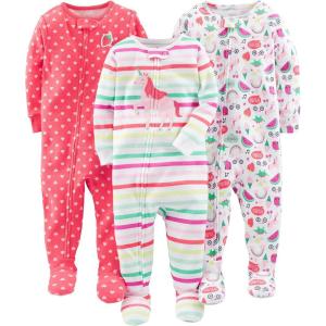 imageSimple Joys by Carters Girls 3Pack Snug Fit Footed Cotton PajamasCoral Orange HeartsLight Pink Fruit PrintWhite Unicorn