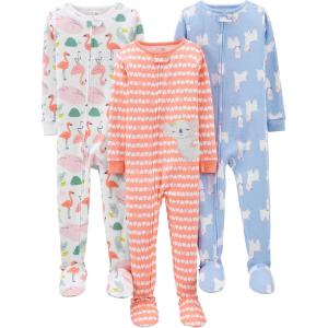 imageSimple Joys by Carters Girls 3Pack Snug Fit Footed Cotton PajamasHeartsLlamaSea Friends