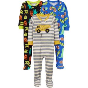 imageSimple Joys by Carters Toddlers and Baby Boys SnugFit Footed Cotton Pajamas Pack of 3Black MonsterBlue DinosaurGrey Stripe
