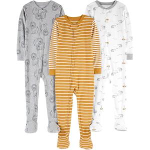 imageSimple Joys by Carters Toddlers and Baby Boys SnugFit Footed Cotton Pajamas Pack of 3Gold StripeGrey LionWhite Rhino