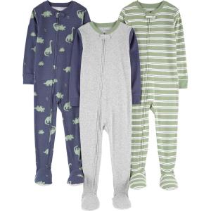 imageSimple Joys by Carters Toddlers and Baby Boys SnugFit Footed Cotton Pajamas Pack of 3Green StripeGrey HeatherIndigo Wash Dinosaur