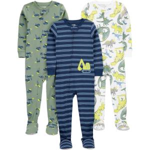imageSimple Joys by Carters Toddlers and Baby Boys SnugFit Footed Cotton Pajamas Pack of 3Navy StripeSage Green ConstructionWhite Dinosaur
