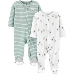imageSimple Joys by Carters unisexbaby 2way Zip Thermal Footed Sleep and Play Pack of 2Mint Green StripeWhite Avocados
