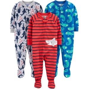 imageSimple Joys by Carters babyboys LooseFit Polyester Jersey Footed PajamasBlue ChameleonGrey SharkRed Stripe