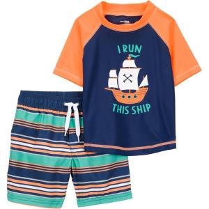 imageSimple Joys by Carters BabyBoys Swimsuit Trunk and Rashguard SetNavy Orange ShipsWhite Stripe