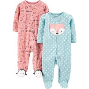 image:imageSimple Joys by Carters babygirls Cotton and Fleece Footed Sleep and Play Pack of 2Blue FoxPeach Animal