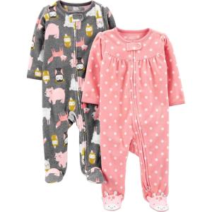 image:imageSimple Joys by Carters babygirls Cotton and Fleece Footed Sleep and Play Pack of 2Charcoal Forest AnimalsLight Pink Dots