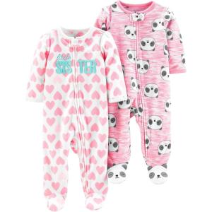 image:imageSimple Joys by Carters babygirls Cotton and Fleece Footed Sleep and Play Pack of 2Pink Heather PandaWhite Hearts