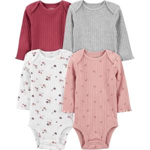 image:imageSimple Joys by Carters babygirls 4pack Longsleeve Textured BodysuitsDusty PinkGreyLight BurgundyWhite Floral