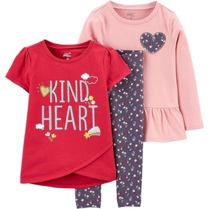 image:imageSimple Joys by Carters Baby Girls 3piece Playwear SetDark Grey FloralPink HeartsRed Text Print