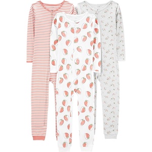 image:imageSimple Joys by Carters Babys 3 pack Snug Fit Footless Cotton PajamasGrey FloralPink StripeWhite Strawberry
