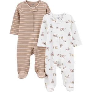 image:imageSimple Joys by Carters Unisex Baby 2way Zip Thermal Footed Sleep and Play Pack of 2Brown Farm